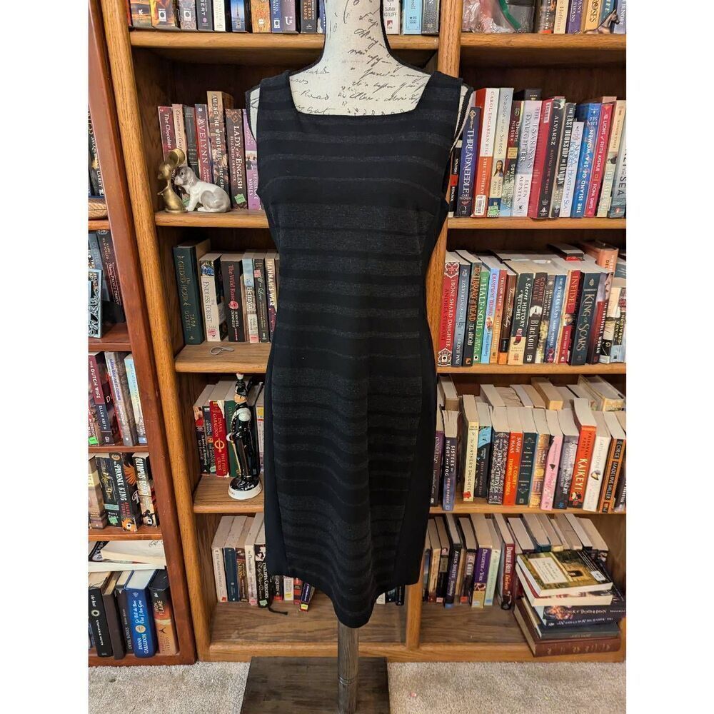 Eileen Fisher 8 Charcoal Stripe Square Neck Stretch Ponte Knit Sheath Dress $378